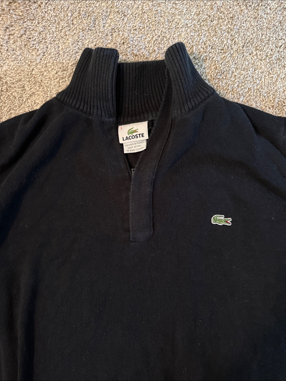 Lacoste Men’s Black Half-Zip Sweater with Green Croc. Size small/medium